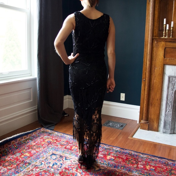 Vintage Long Black Beaded Flapper Dress - Picture 2 of 5